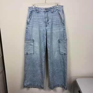 American Eagle High Rise Baggy Wide Leg Cargo Jeans 12 Womens Distressed Stretch